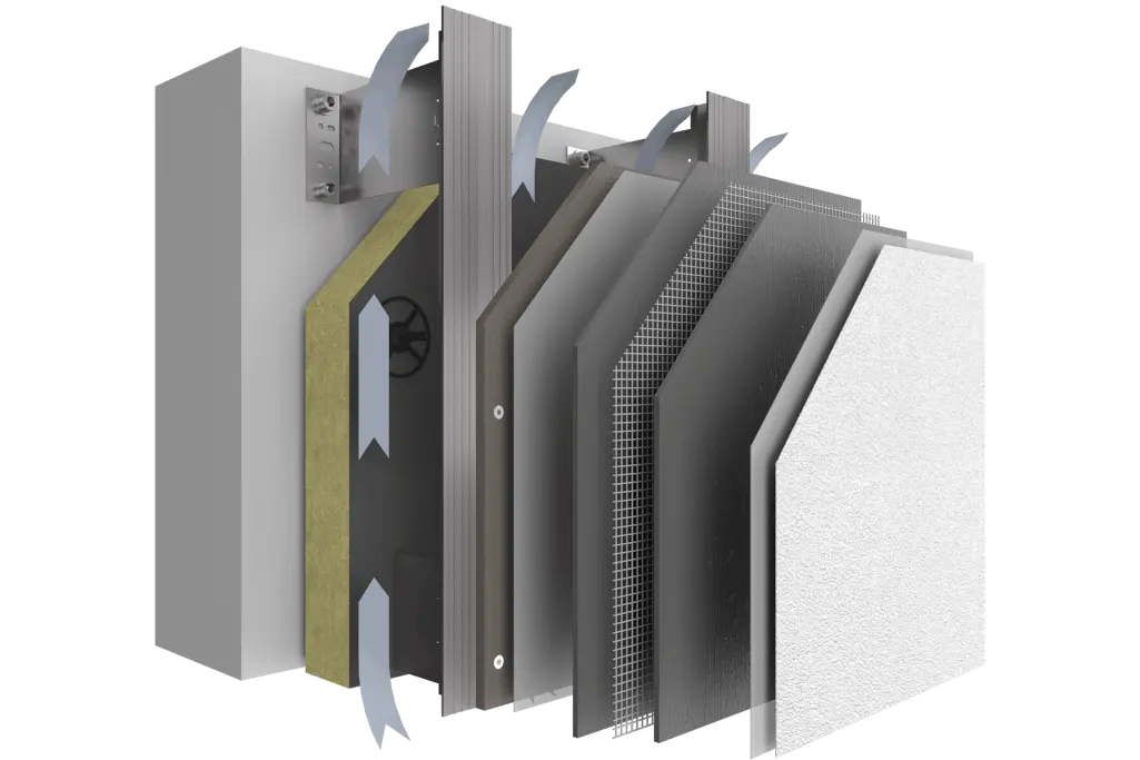 Sestava sistema obešene prezračevane fasade z nosilno ploščo za omet iz kamene volne, omet kot zaklj