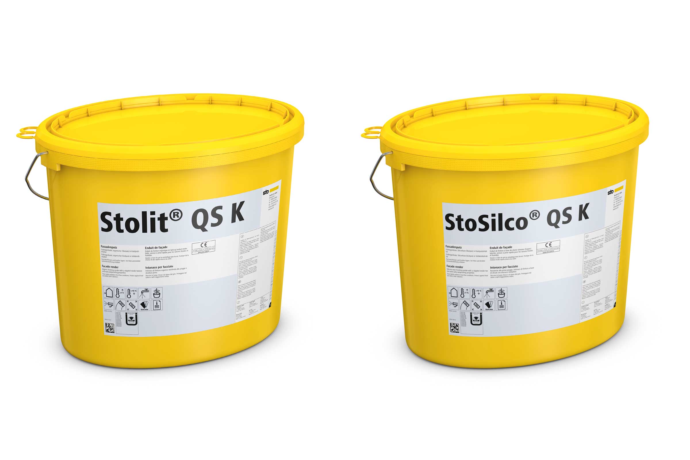 Kolaž: dve rumeni vedri podjetja Sto z zaključnima ometoma StoSilco® QS in Stolit®