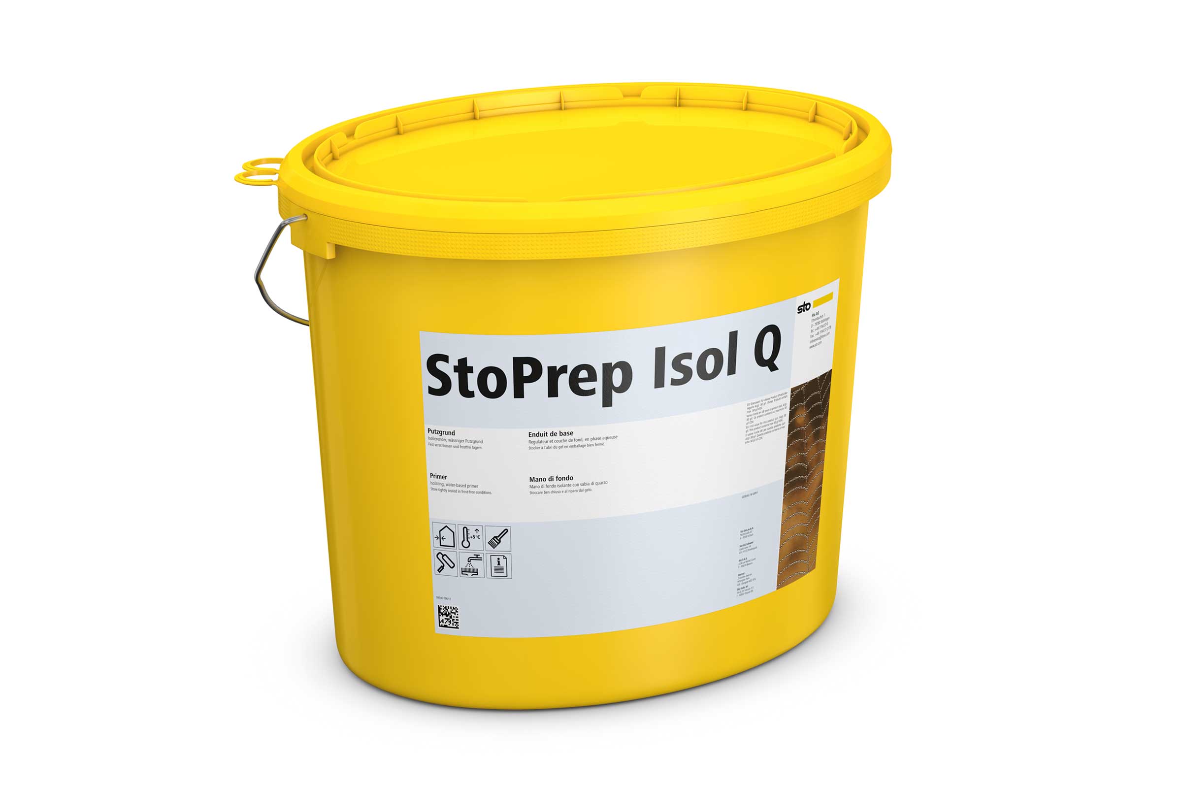 Slika izdelka: rumeno vedro podjetja Sto s prednamazom za omet za moker in hladen letni čas: StoPrep