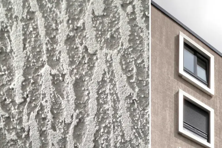 Fasadni omet StoMiral na fasadi večdružinske hiše, groba siva struktura ometa StoSignature