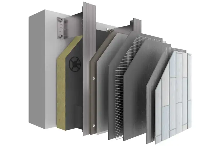 Obešena prezračevana fasada, sestava sistema StoVentec C z vsemi sloji in keramiko kot zaključnim slojem