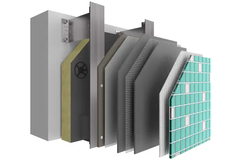 Obešena prezračevana fasada. Sestava sistema StoVentec M z vsemi sloji in stekleni mozaik kot obloga