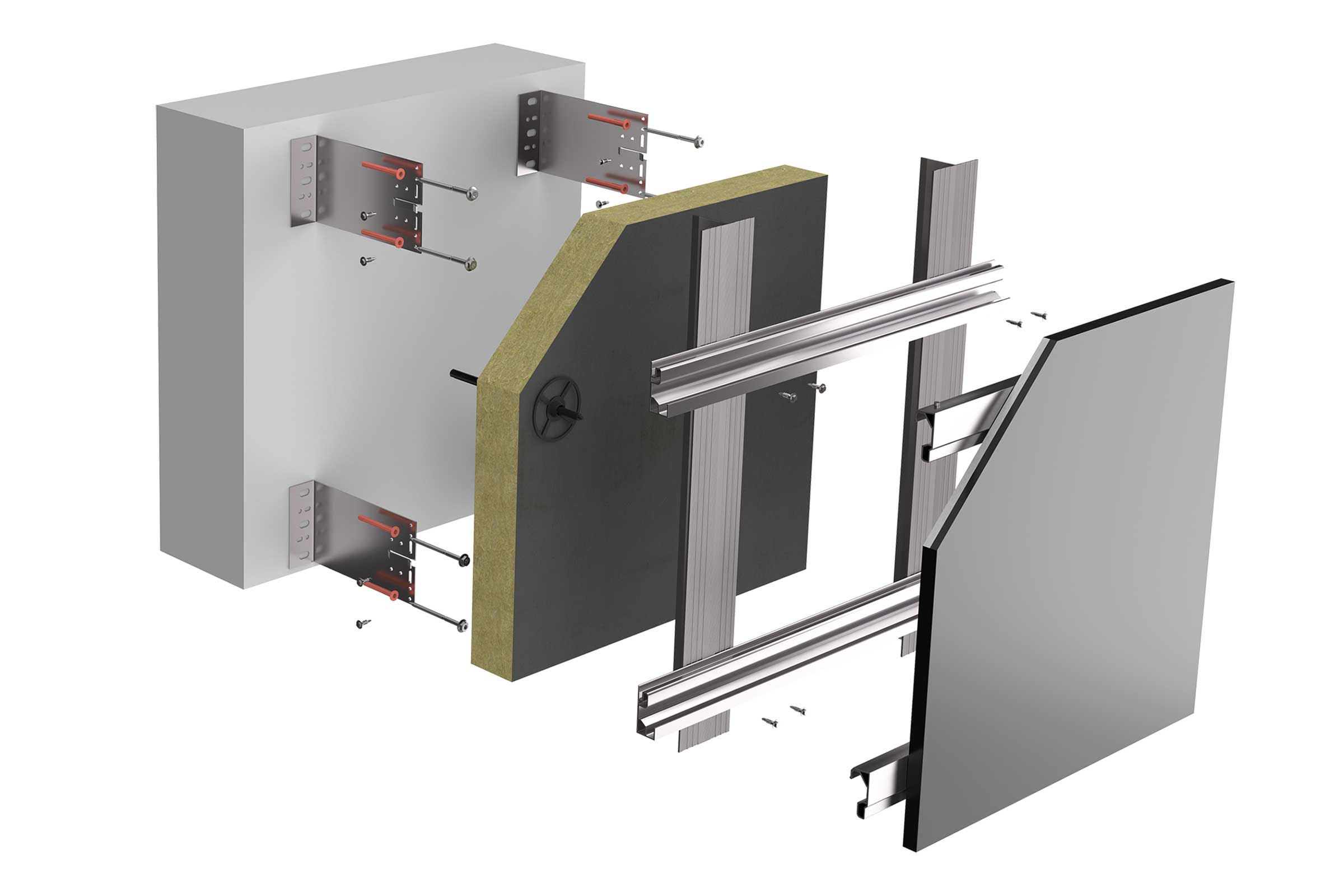 Izolacija prezračevane fasade. Sestava sistema obešene prezračevane fasade StoVentec Glass.