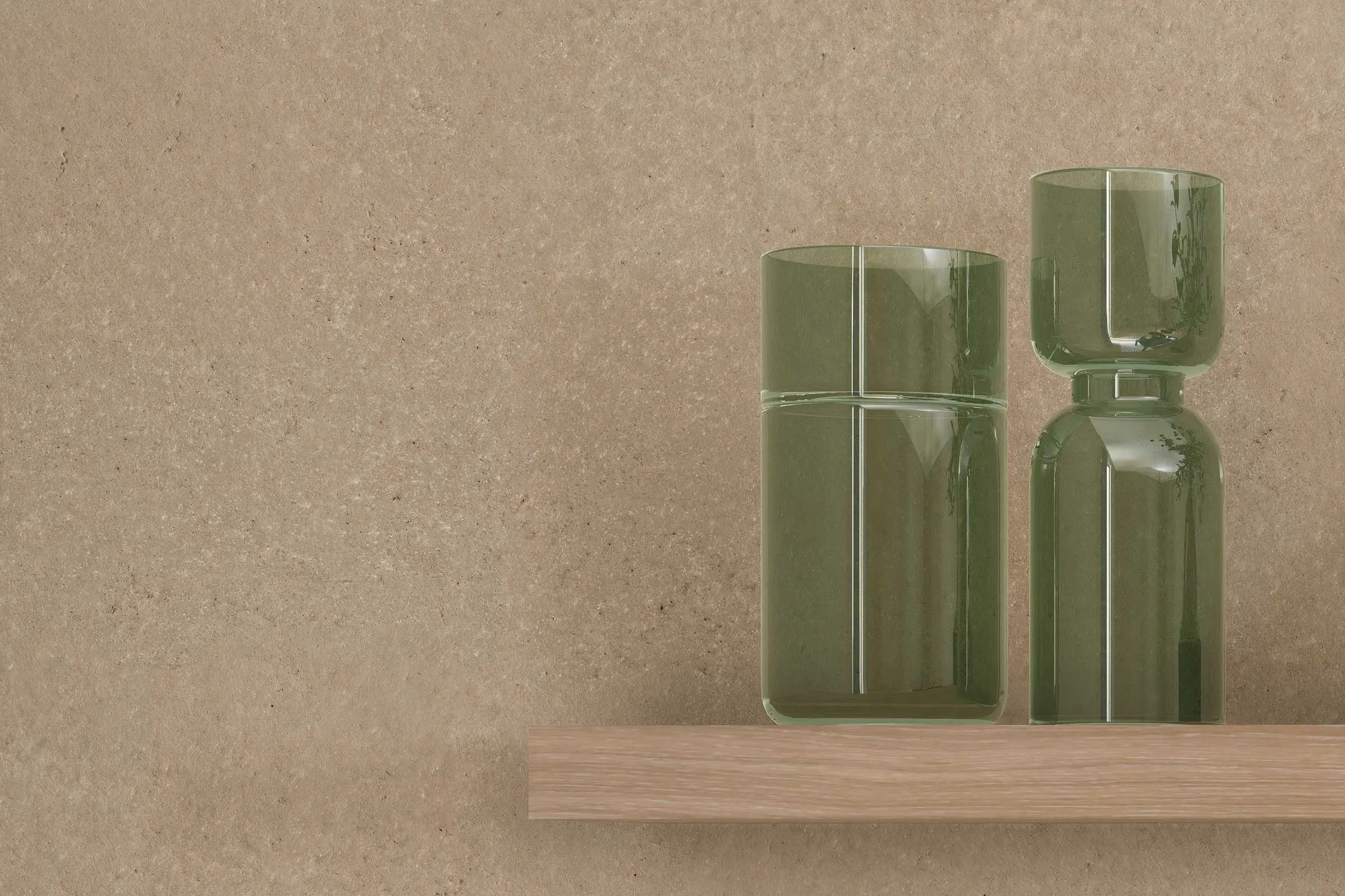 Oblikovanje sten v jedilnici 1, podroben posnetek stenskega regala z okrasnimi vazami, barvni odtenk