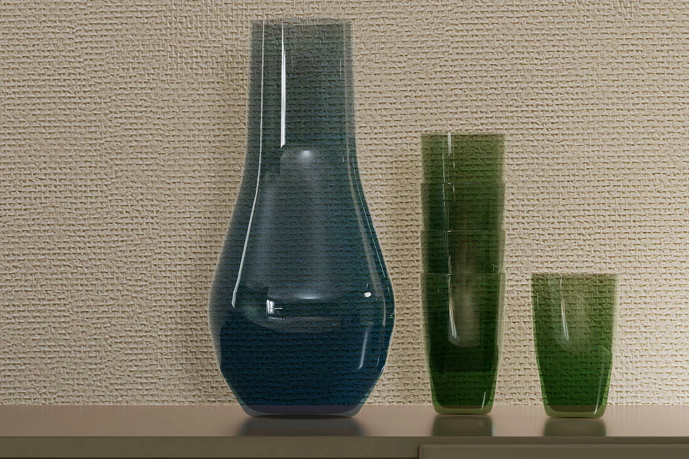 Detajl opreme jedilnice: kredenca z vazami, barvni odtenki Interior Colors 24+