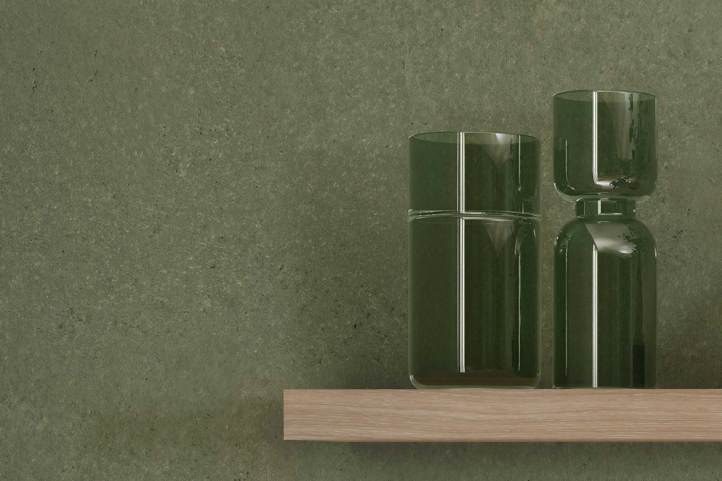 Oblikovanje sten v jedilnici, detajl regala z okrasnimi vazami pred zeleno steno, Interior Colors 24