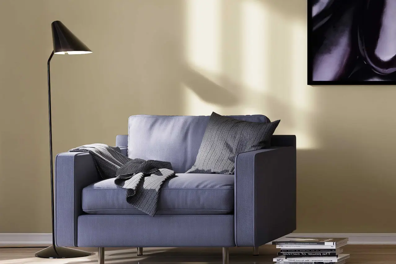 Oblikovanje sten v spalnici, detajl sedeža in luči, stena za njim oblikovana z barvami Interior Colo