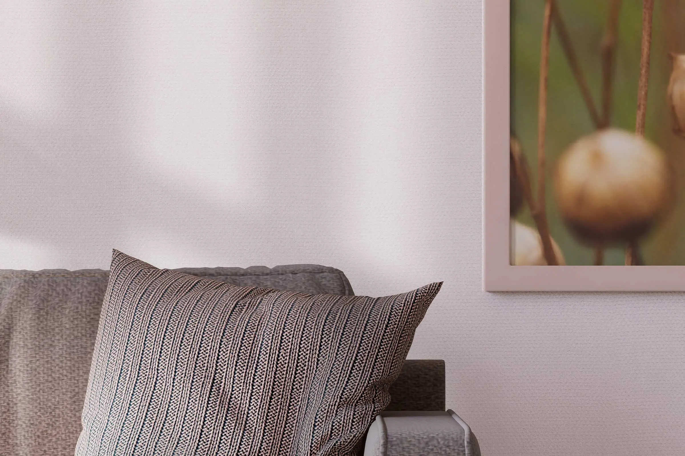 Oblikovanje sten v spalnici, detajl vzglavnika na sedežu pred rožnato steno, Interior Colors 24+