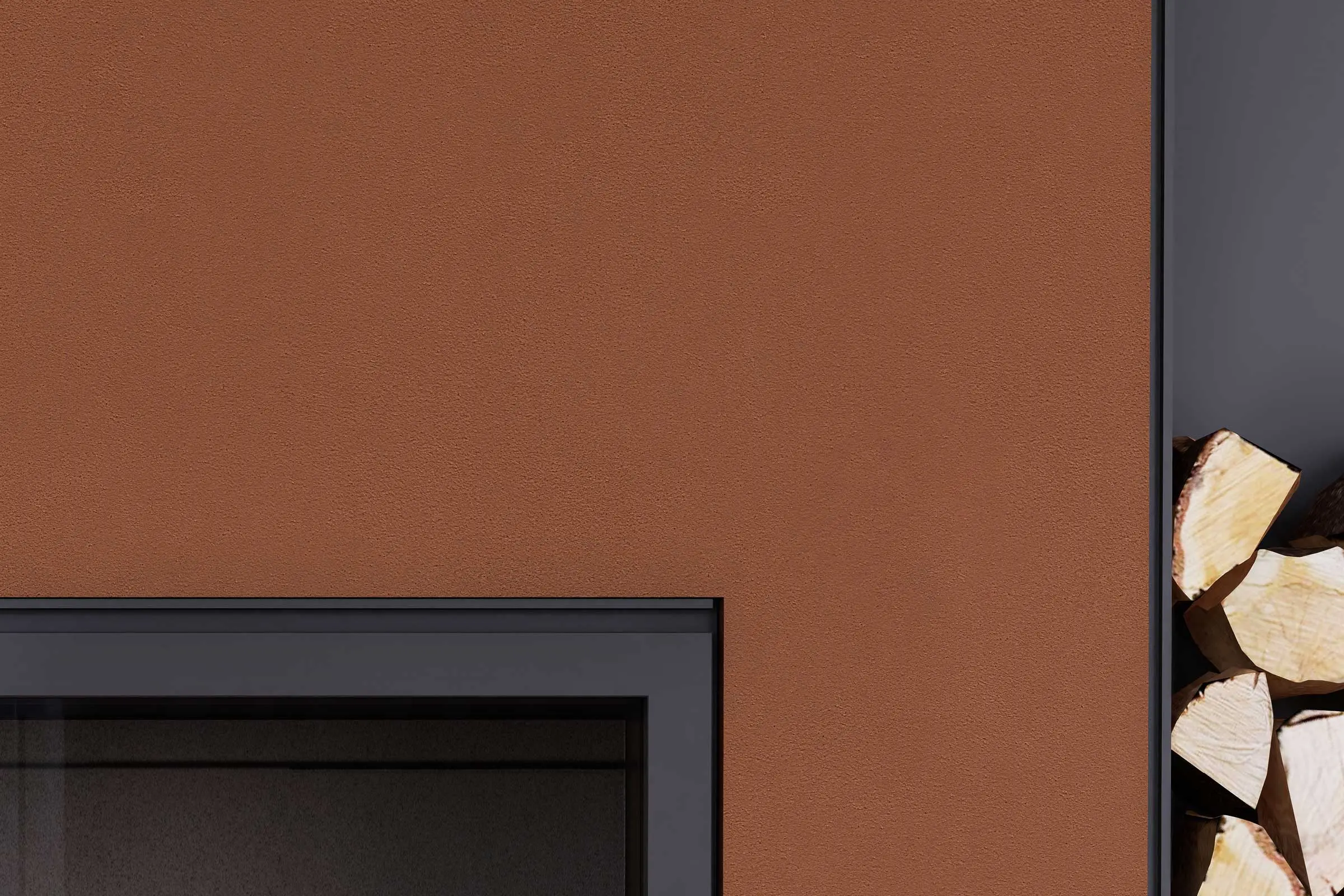 Oblikovanje sten v dnevni sobi, detajl kamina na les, rdečerjava stenska površina, Interior Colors 2