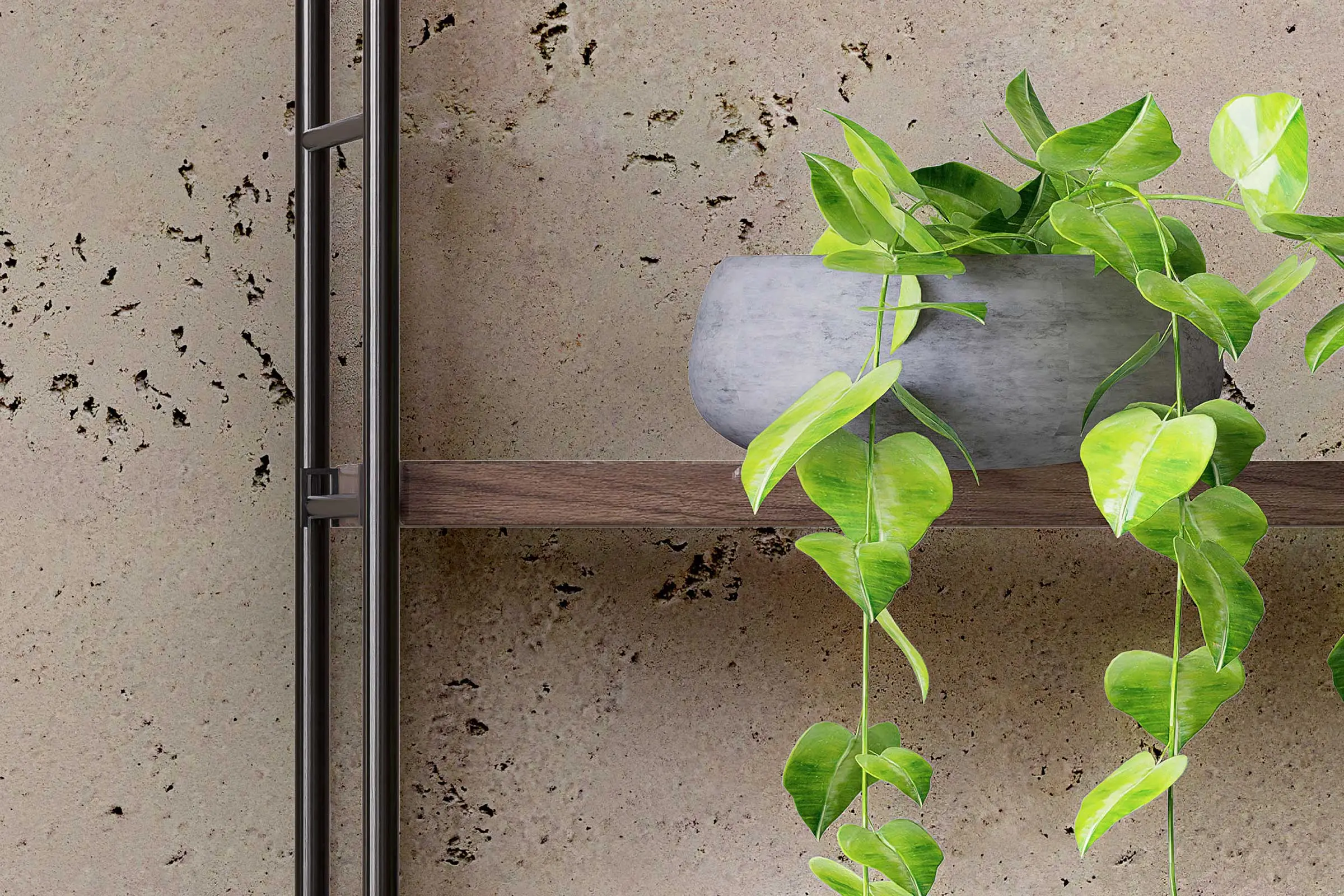 Detajl bivalnega prostora, stenski regal z rastlino, barvni odtenki Interior Colors 24+