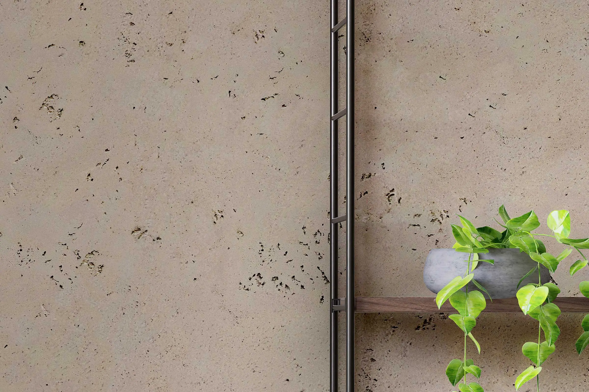 Oblikovanje sten v dnevni sobi, detajl stenskega regala z zeleno rastlino, oblikovanje sten z barvam