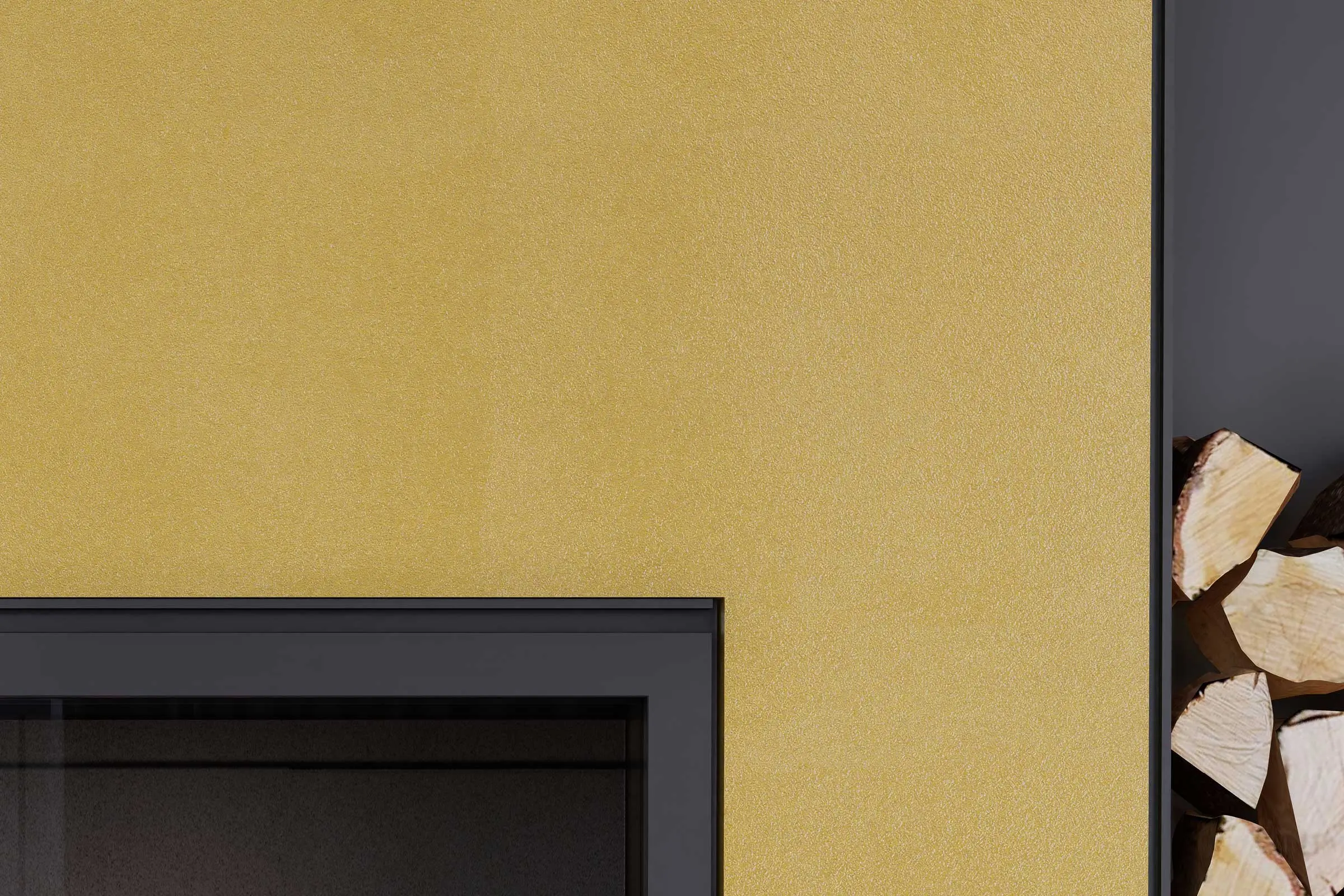 Oblikovanje sten v dnevni sobi, detajl kamina na les, rumena stenska površina z barvami Interior Col