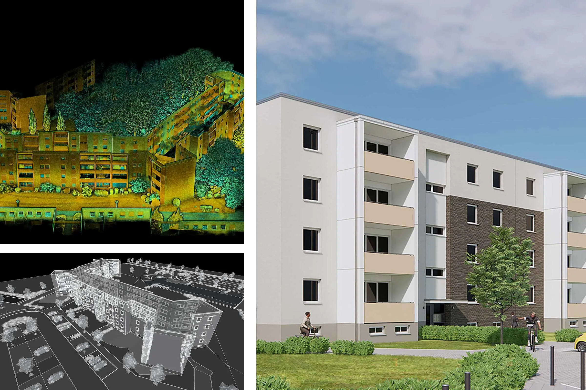 Kolaž digitalnega snemanja obstoječe bivalne četrti v kraju Mannheim, skeniranje fasade